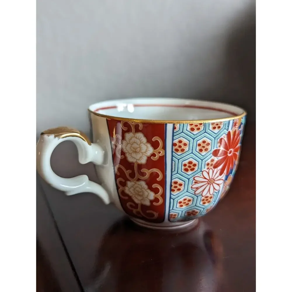 Vtg Arita Imari Teacup Saucer Set Japan Porcelain Fan Shape Kutani